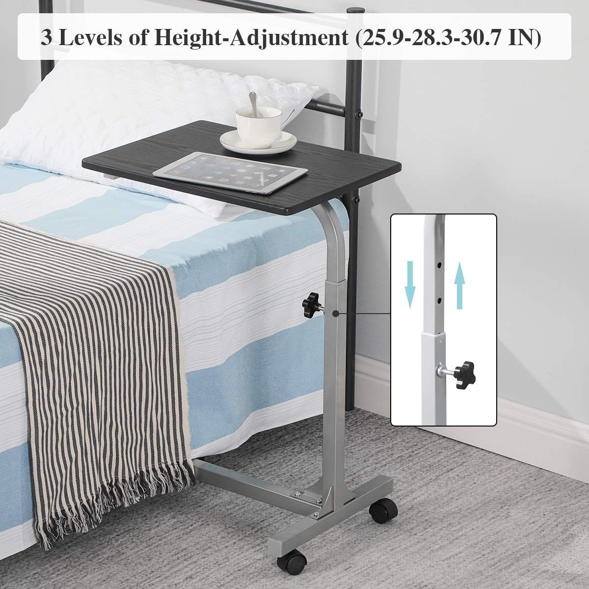 Coavas Over Bed Table C Side Rolling Table with Lockable Wheels, Medical Portable Notebook Laptop Desk 3 Adjustment Levels, TV Tray Table for Eating Breakfast, Black (18.9x14.6x26.4-31.1 inch): Kitchen & Dining