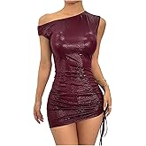 Milumia Women's Off Shoulder Pu Leather Mini Dress Sexy Drawstring Ruched Party Club Short Dresses