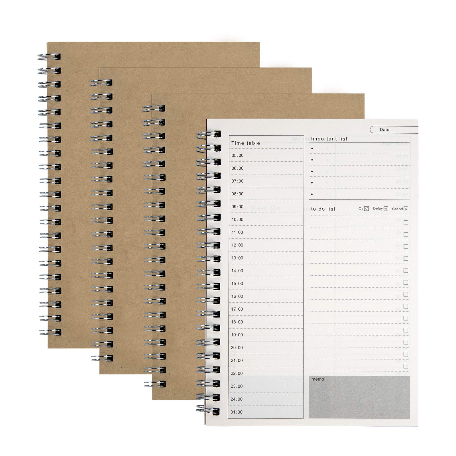 Time Management Manual to Do List Daily Planner Notepad Brown Kraft Cover Spiral Plan Notebook 100 Pages/ 50 Sheets 19 x 13cm (4 Pack)