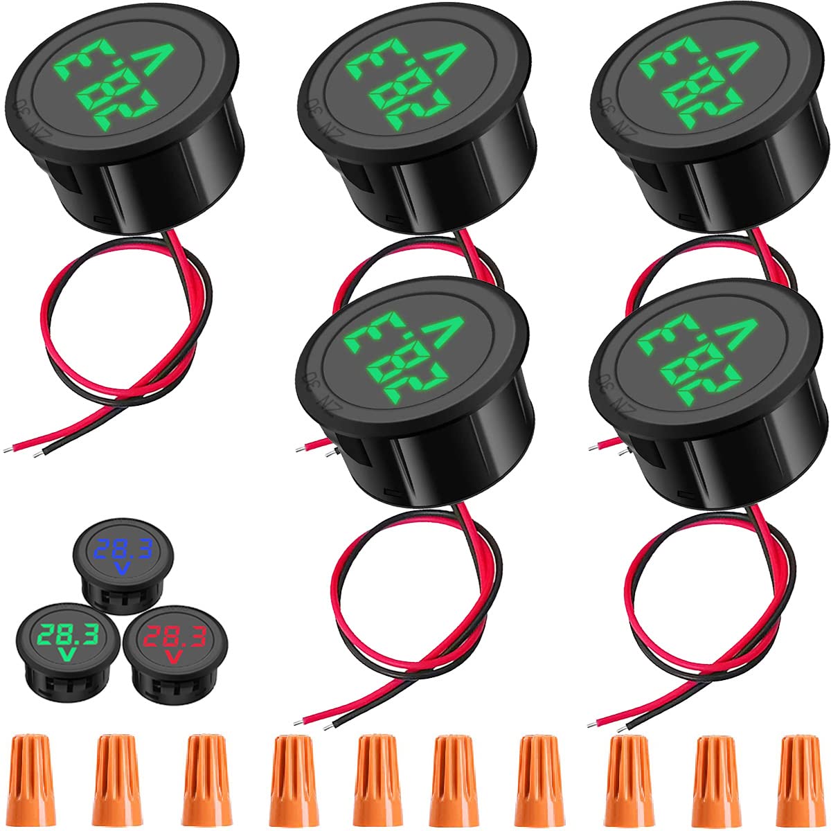 Youmile 5 pcs DC 5-100V Digital Voltmeter LED Digital Display Auto Voltmeter Car Voltage Detector Tester Monitor Accurate measurement with knob cap for Motorcycle Boat Truck Camper Caravan(Green)