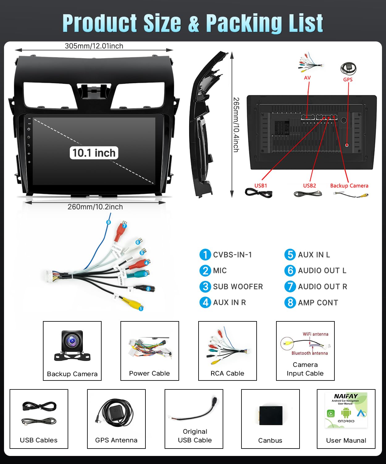 Naifay Android Car Radio for 2013 2014 2015 Nissan Altima with Wireless CarPlay Android Auto, 2+32G 10.1 inch IPS Touch Screen Car Stereo for Nissan with Bluetooth/FM/GPS/WiFi/SWC/Split Screen/Camera