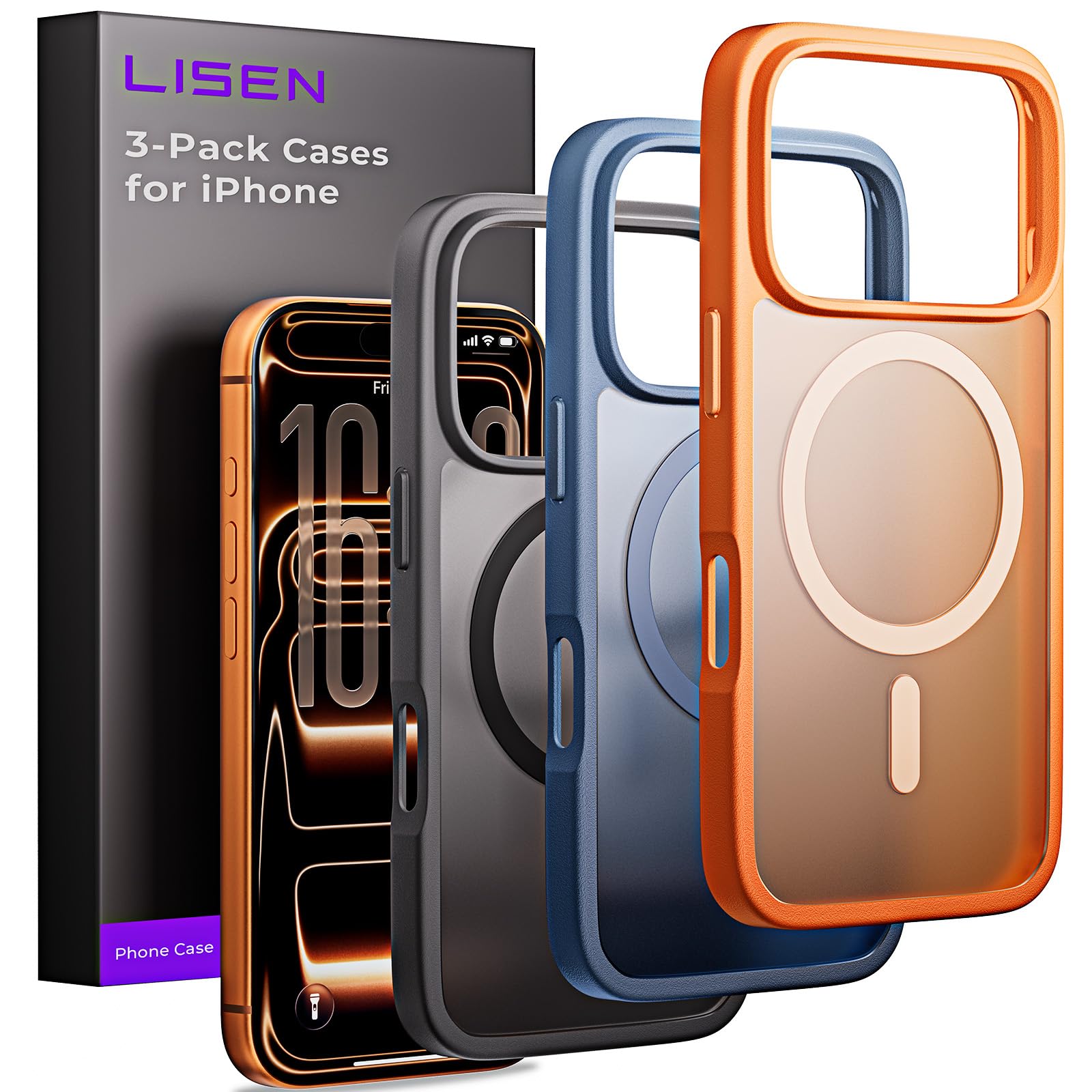 Photo 1 of LISEN 3-Pack Magnetic Shockproof for iPhone 17 Pro Case Slim [Fit for MagSafe][Military Grade Drop Protection] Translucent Matte Phone Case for i Phone 17 Pro, Cosmic Orange, Space Black, Deep Blue