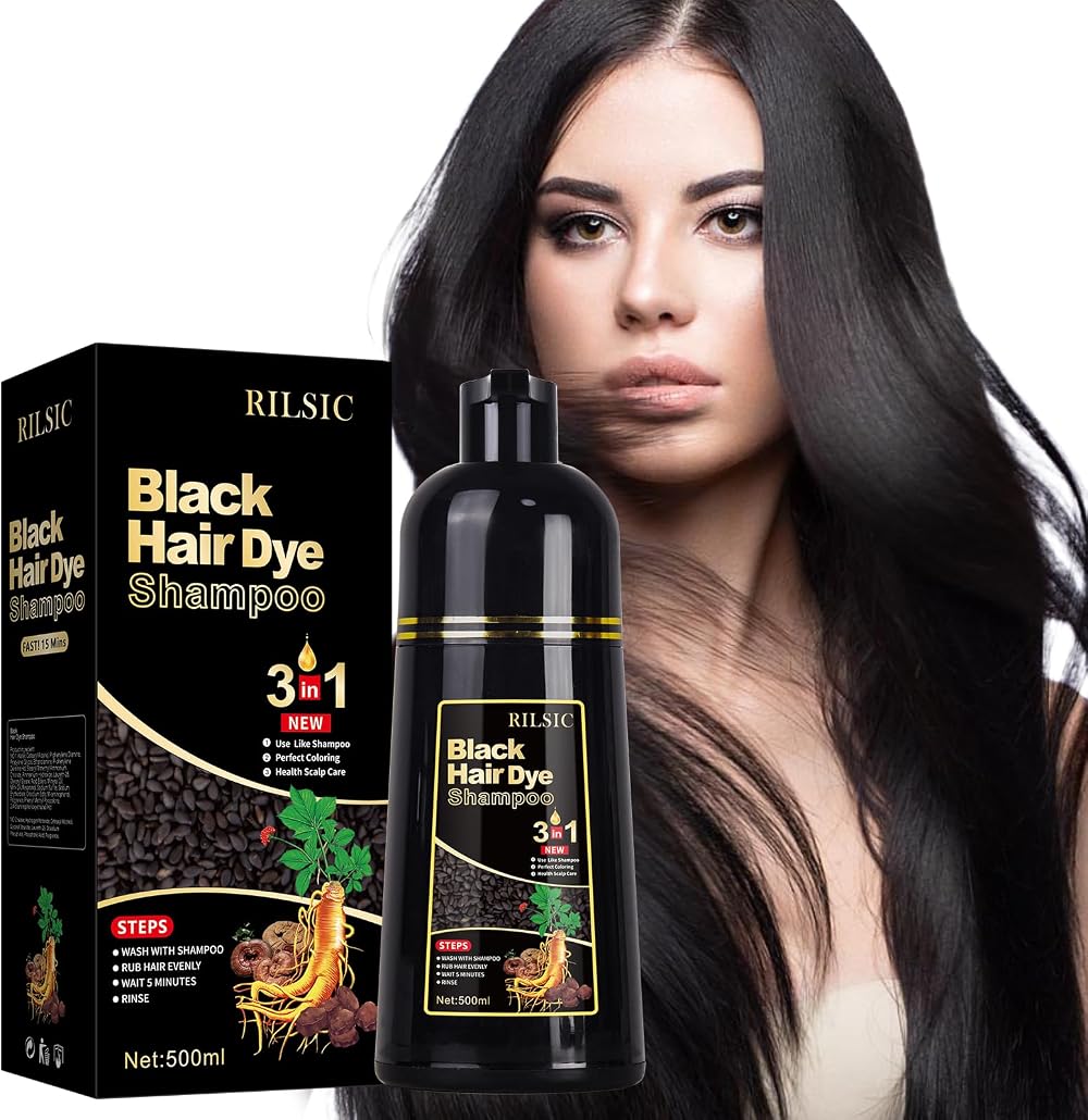 RILSIC Black Hair Dye Shampoo 3 in 1 Instant Color for Gray Hair Coverage