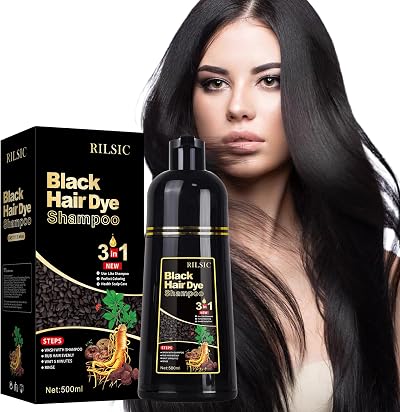 RILSIC Black Hair Dye Shampoo 3 in 1 Instant Color for Gray Hair Coverage