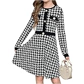 SweatyRocks Girl's Houndstooth Print A Line Dress Crewneck Long Sleeve Button Front Short Dresses