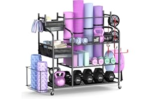 Mythinglogic Weight Rack for Dumbbells, Home Gym Storage for Yoga Mat Dumbbells Kettlebells and Strength Training Equipment, Dumbbell Rack with Wheels and Hanging Hooks