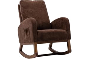 Dolonm Rocking Chair Mid-Century Modern Nursery Rocking Armchair Upholstered Tall Back Accent Glider Rocker for Living Room (Brown)