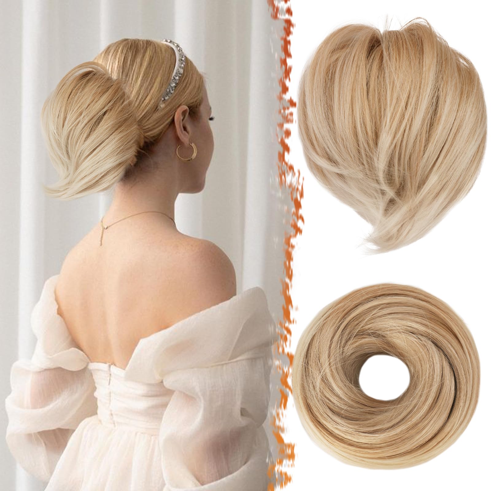 Photo 1 of BARSDAR Blonde Hair Bun Extensions - Synthetic Fully Short Straight Ponytail Hair Bun Extensions for Women, Elastic Blonde Messy Hair Bun Scrunchies Hairpieces Daily- Honey Blonde Mixed