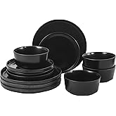 Gibson Home Dempsey Road 12-Piece Stoneware Dinnerware Set – Service for 4, Round Black Plates and Bowls, Durable Solid Color Modern Embossed Dish Set, Microwave & Dishwasher Safe