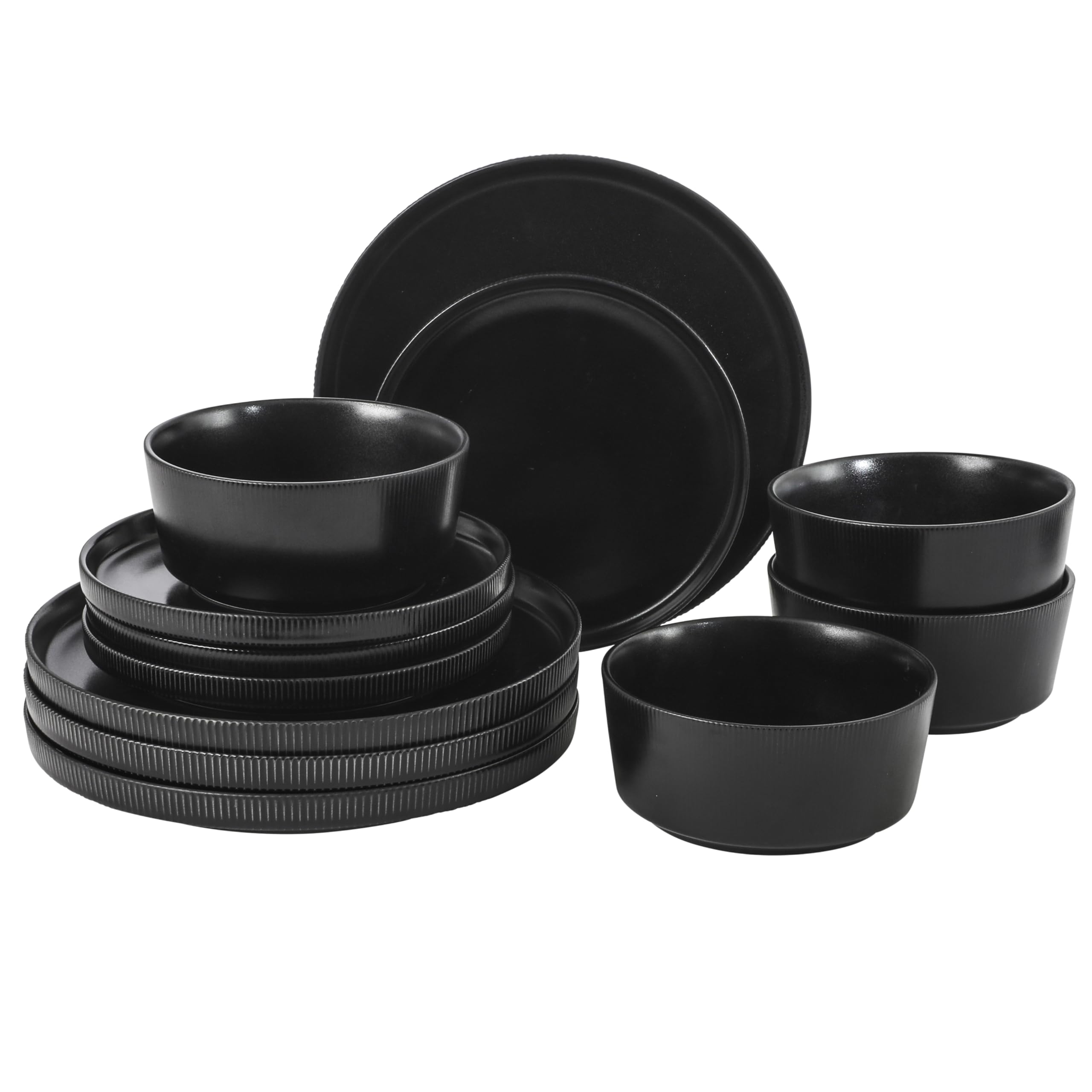 Gibson Home Dempsey Road 12-Piece Stoneware Dinnerware Set – Service for 4, Round Black Plates and Bowls, Durable Solid Color Modern Embossed Dish Set, Microwave & Dishwasher Safe Image