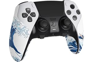 PlayVital Anti-Skid Sweat-Absorbent Controller Grip for ps5 Edge Wireless Controller, Textured Soft PU Handle Grips Anti Sweat Protector for ps5 Edge Controller - The Great Wave off Kanagawa