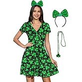 For G and PL 3 Pcs St. Patrick's Day Women's Short Sleeve Dress Sets V Neck Green Bow Headband Clover Necklace Costumes