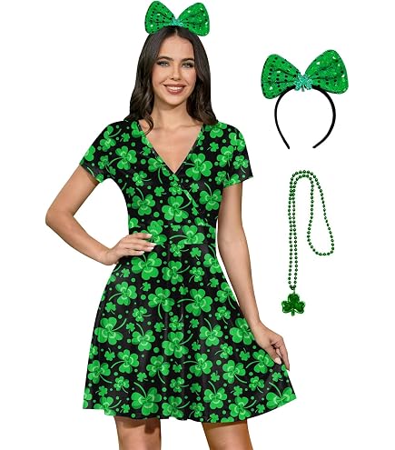 Ainuno St Patricks Day Dresses for Women Ladies Cute St. Patrick's Day Outfits Womens Green Irish Shamrock Shirt Dress Short Sleeve Clover Dress Sleeves,S/M : Clothing, Shoes & Jewelry