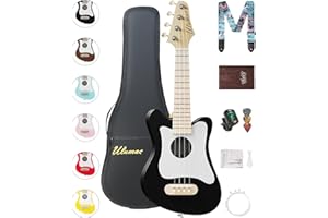 Ulumac Soprano Ukulele, Stylish Shape with White Pickguard Spruce 21.5 inch Ukelele Beginner Kit with Gig Bag, Digital Tuner, Replacing Strings, 3 Guitar Picks, Strap, Cloth, Black, P005WBK
