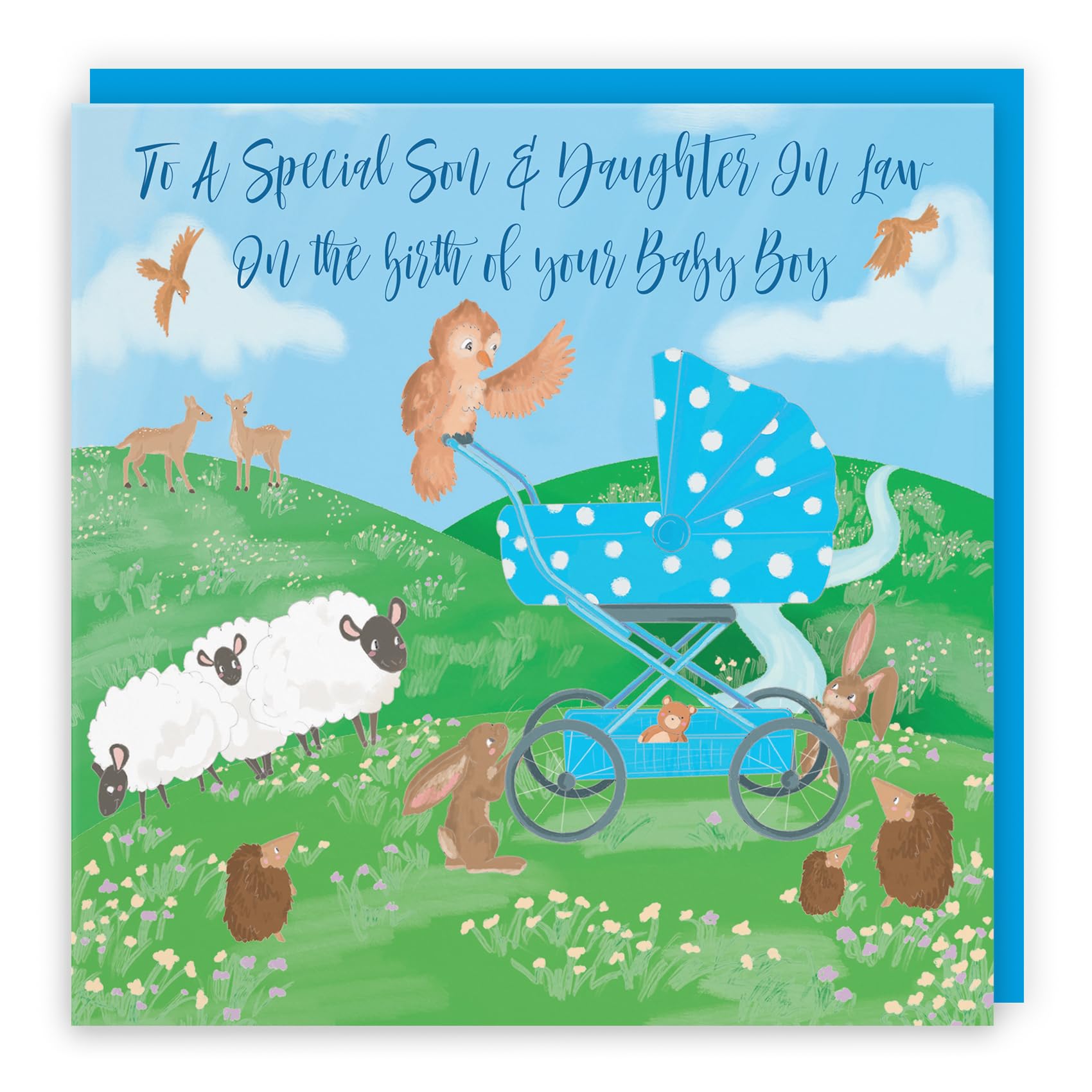 Hunts England - Son And Daughter In Law New Baby Congratulations Card - To A Special Son And Daughter In Law On The Birth Of Your Baby Boy - Blue Pram - Countryside Collection