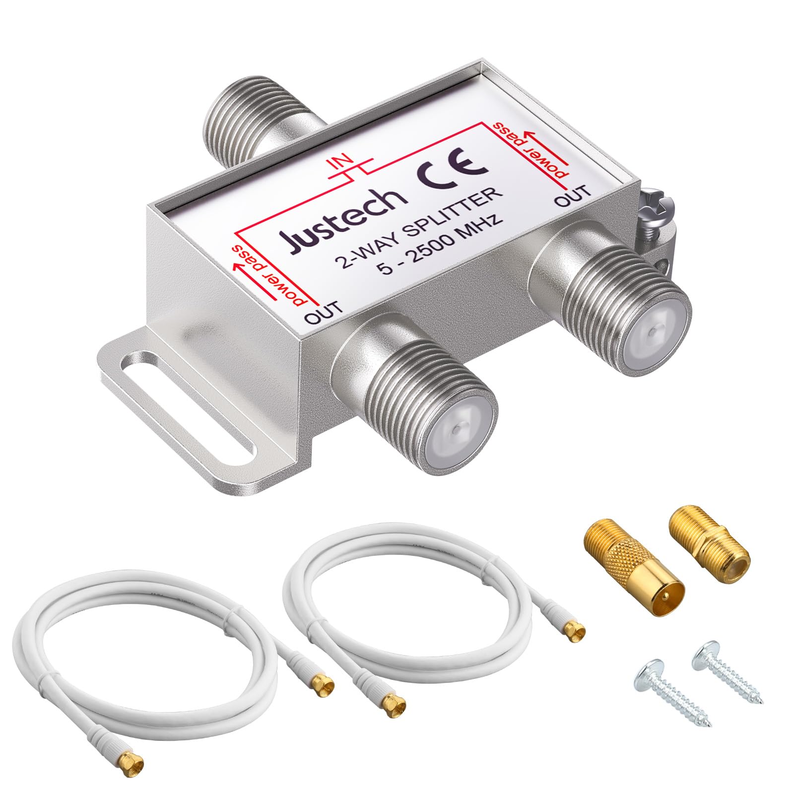 Justech 2 Way TV Aerial Splitter TV F Connector Adapter Aerial Broadband Satellite Splitter Metal 2500MHz with 1.5m Coax Cable F Plugs for Telewest Eurovox Starview Dreambox
