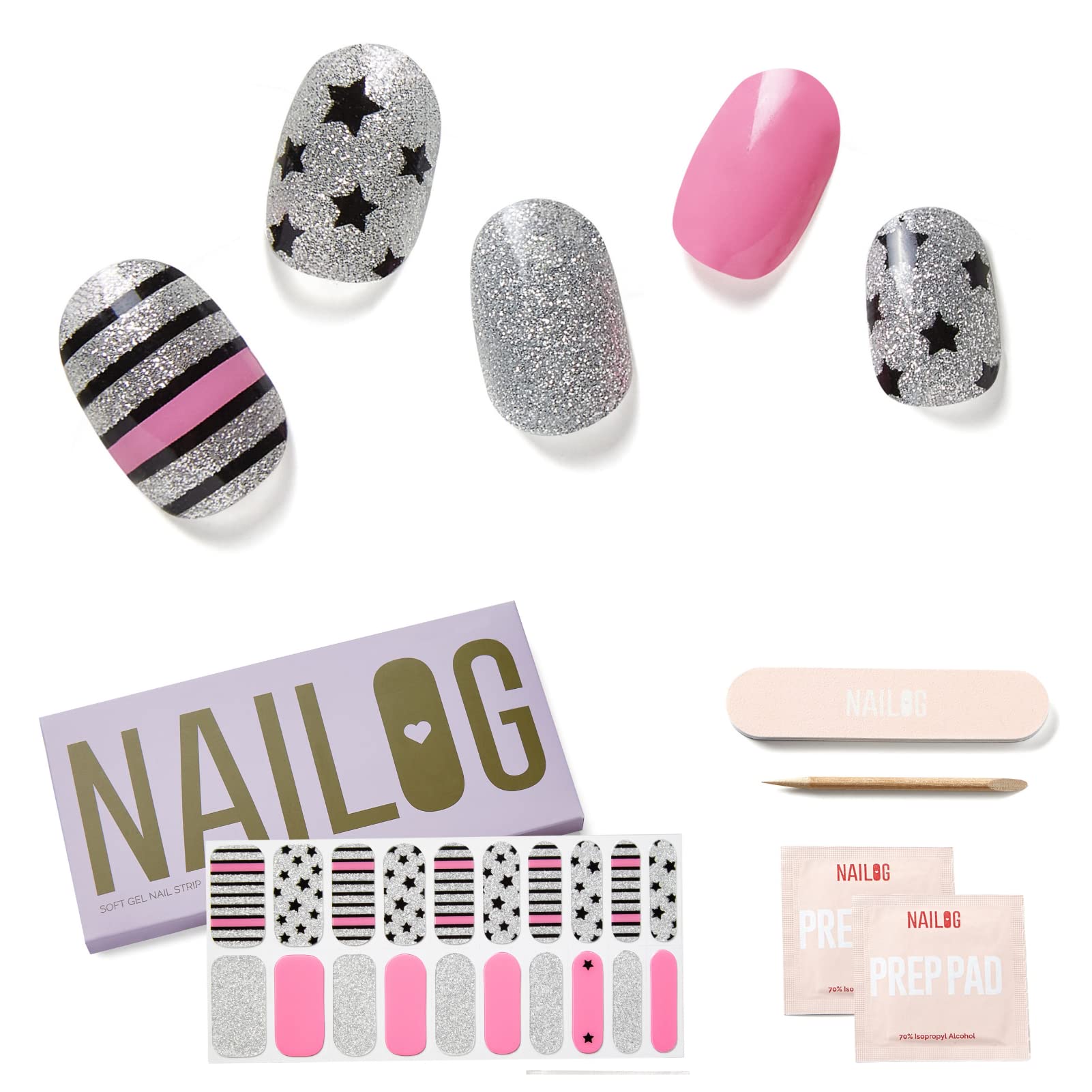 NAILOG Semi Cured Gel Strips (20 Extra Long Stickers), UV/Led Lamp Glossy & Long Lasting Soft Gel Finish Wrap, A Rock Song