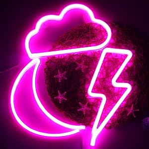 Pink Moon Cloud and Bolt Neon Signs Decorative LED Neon Lights Led Neon Wall Sign Light Decor Battery or USB Operated for Christmas, Birthday, Wedding Party Decoration