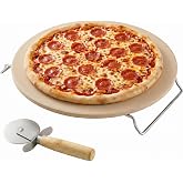 OVENTE 13" Round Pizza Stone for Oven and Grill, Beige BW10132 | Heat Resistant Flat Ceramic w/ Cutter Wheel, Metal Rack Stand, Ideal for Making Crisp Crust Flatbread, Bread, Cookies &amp; More