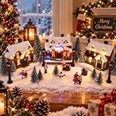MEETYAMOR 25 PCS Christmas Village Sets, Lighted Christmas Village Houses &amp; Figurines Accessories, Christmas Town Scene Sets for Home Indoor Mantel Tabletop, Xmas Collection Buildings Decorations