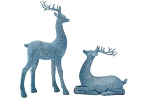 DN DECONATION 2PCS Christmas Reindeer Winter Decor, Tabletop Deer Statues Decorations, Blue Flocked Resin Reindeer Sculptures with Silver Glitter for Indoor Home Decor Mantle Living Room