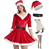 ZeroShop Mrs Claus Costume Adult Women, 2025 Christmas Santa Outfits Dress With Hat Belt Fur Leg Warmers Fishnet Stockings