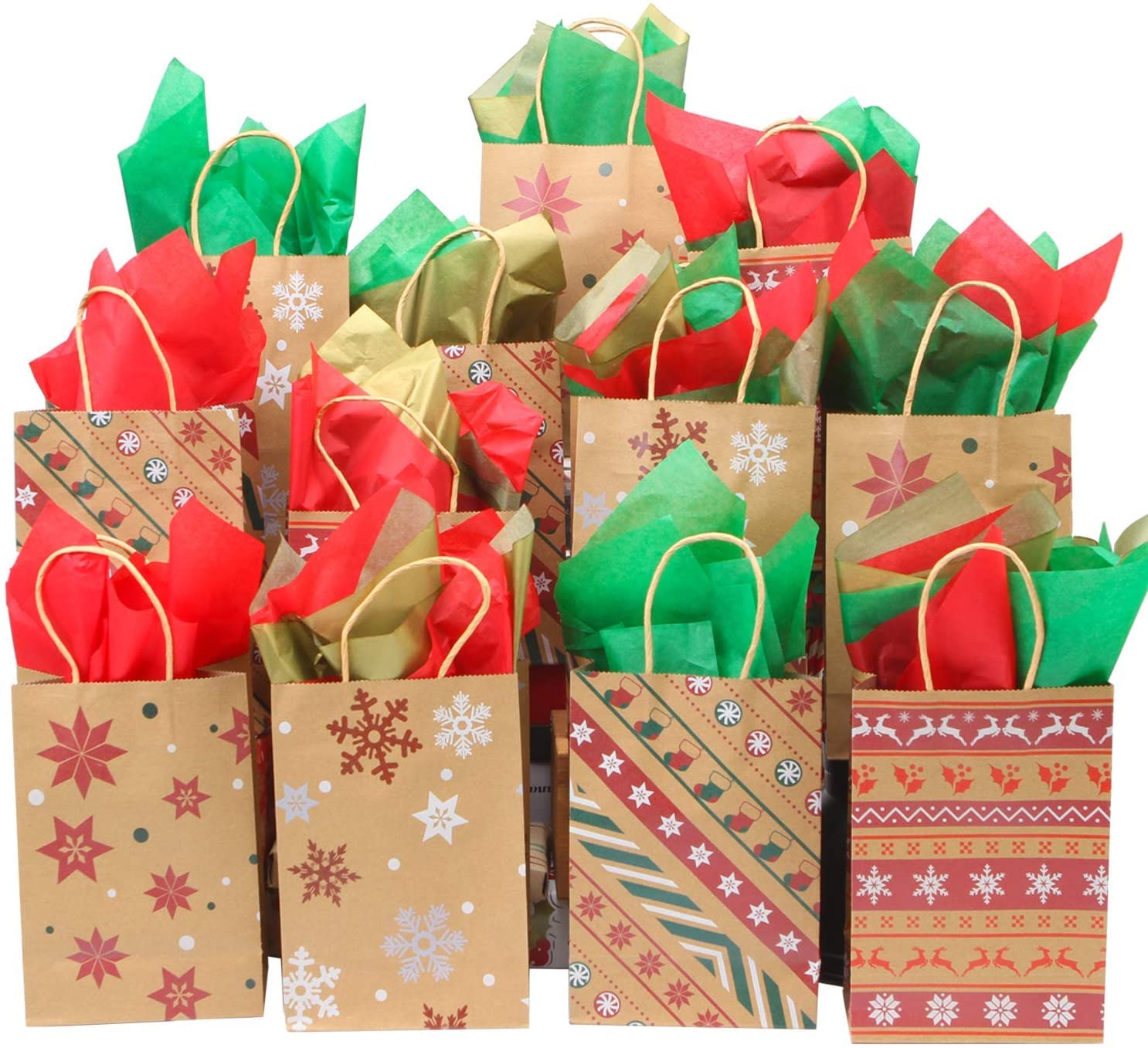 LATERN 24Pcs Christmas Bags Gift Bags, 26 x 22 x 14CM Kraft Paper Bag Christmas Theme Goody Bag Xmas Party Box Candy Paper Boxes with 30 Sheets Christma Tissue Papers - 6 Patterns