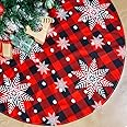 Multiwins Christmas Tree Skirt Red and Black Buffalo Plaid Tree Skirt Snowflake Design, 48 inches Thick Layer Farmhouse Rustic Xmas Tree Skirts for Christmas Decorations and New Year Holiday Party