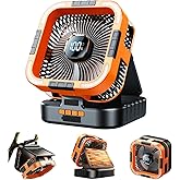 KIMMOO Solar Camping Fan with Light-10000mAh Rechargeable Portable, 6 Speeds, Digital Display, Timer, 120° Oscillation, Cordless Battery Powered Fan for Home Outdoor Tent Travel BBQ Fishing (Orange)