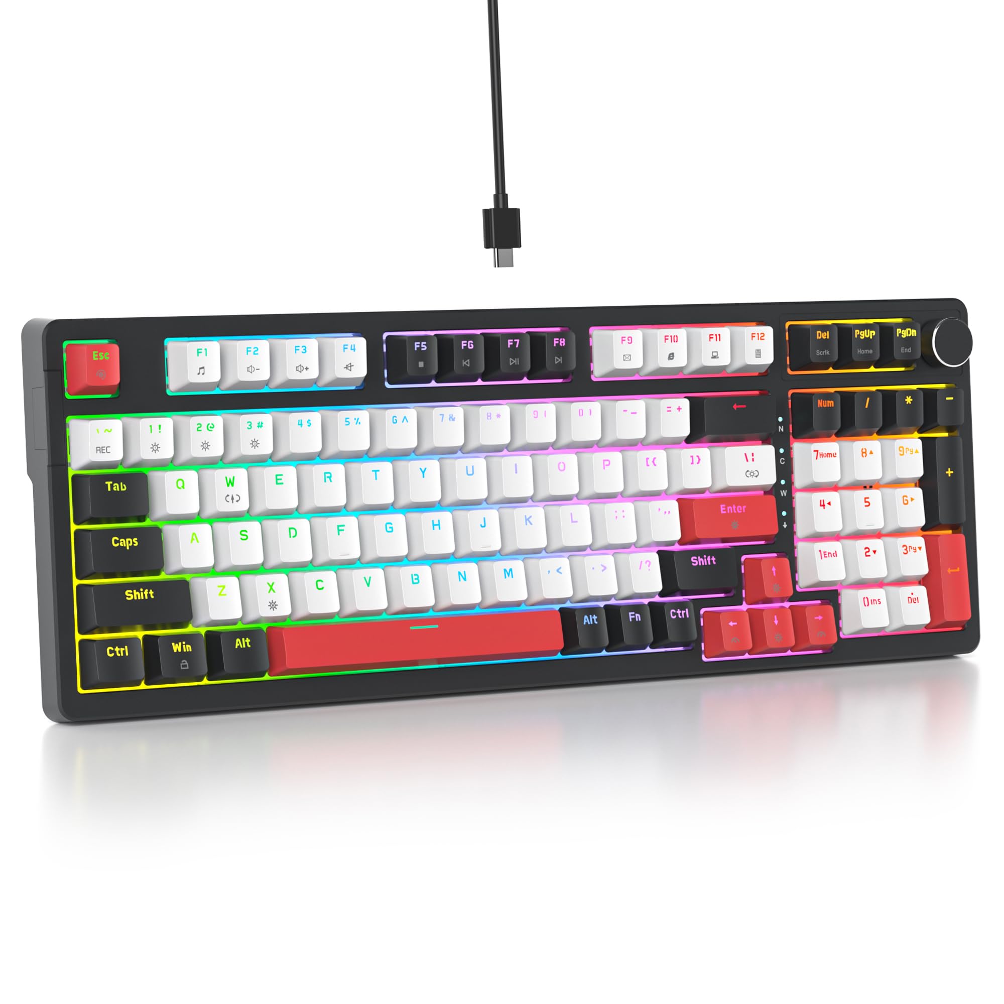 surmen Creamy Keyboard with with Number Pad, 96% RGB Mechanical Keyboards Full Gasket Mounted Hot Swappable Custom Wired Thocky Keyboard with Knob for Office Gamer (98 White)