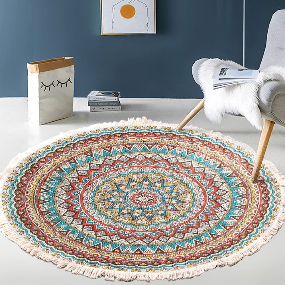 Vintage Boho Cotton Rugs, Mandala Pattern, Washable Hand Woven Bohemian Round Rug with Tassels for Bedroom, Hallway, Living Room, Coffee Table, Doormats, Machine Washable, 120 cm, Flowers #12 — image 1