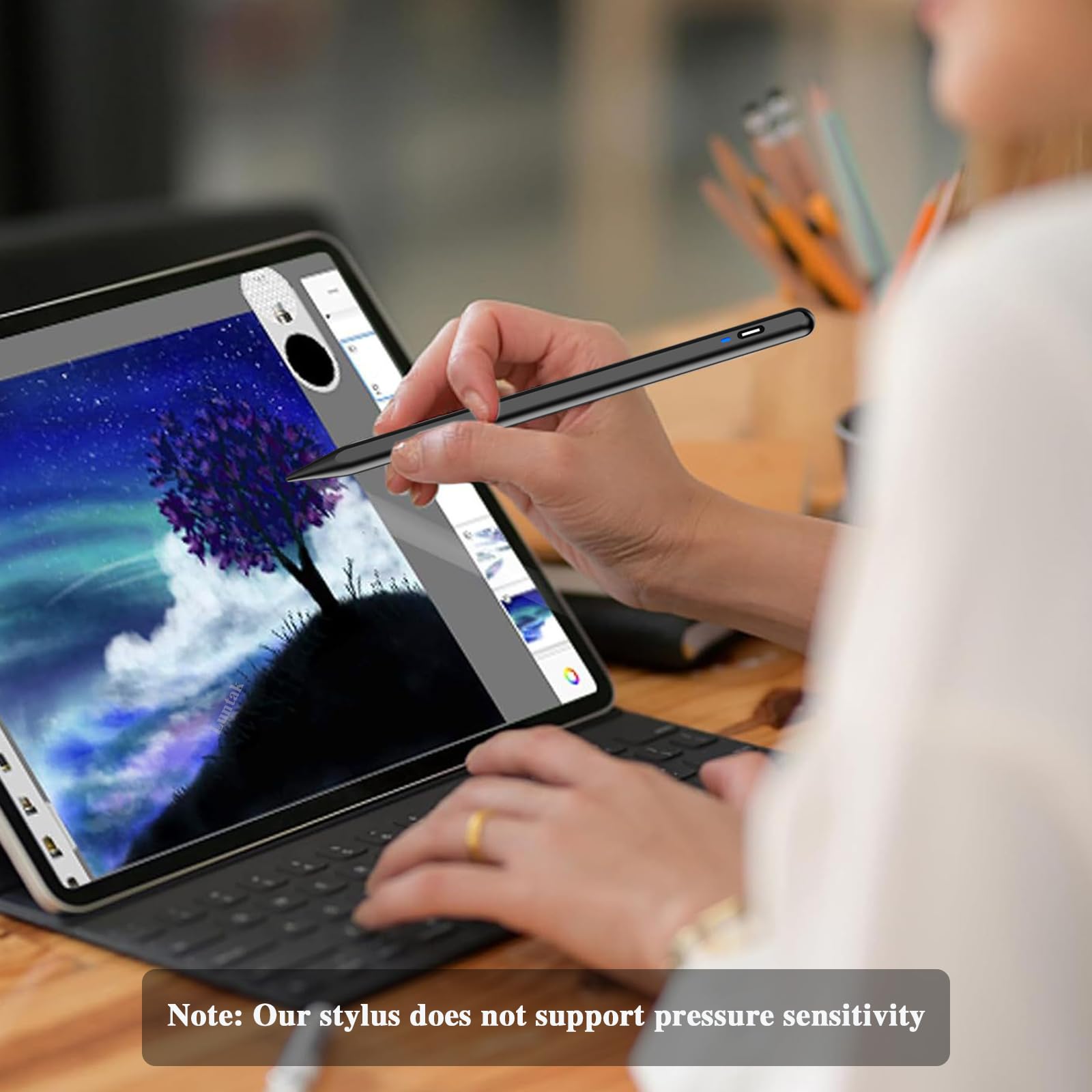 Stylus Pen for Android Tablet, Pom Tip Tablet Pencil for ios/Android,Rechargeable Active Stylus Pen for iPhone /Samsung/XiaoMi/Huawei/Vivo/Lenovo and Other Android Smartphones and Tablets-Black