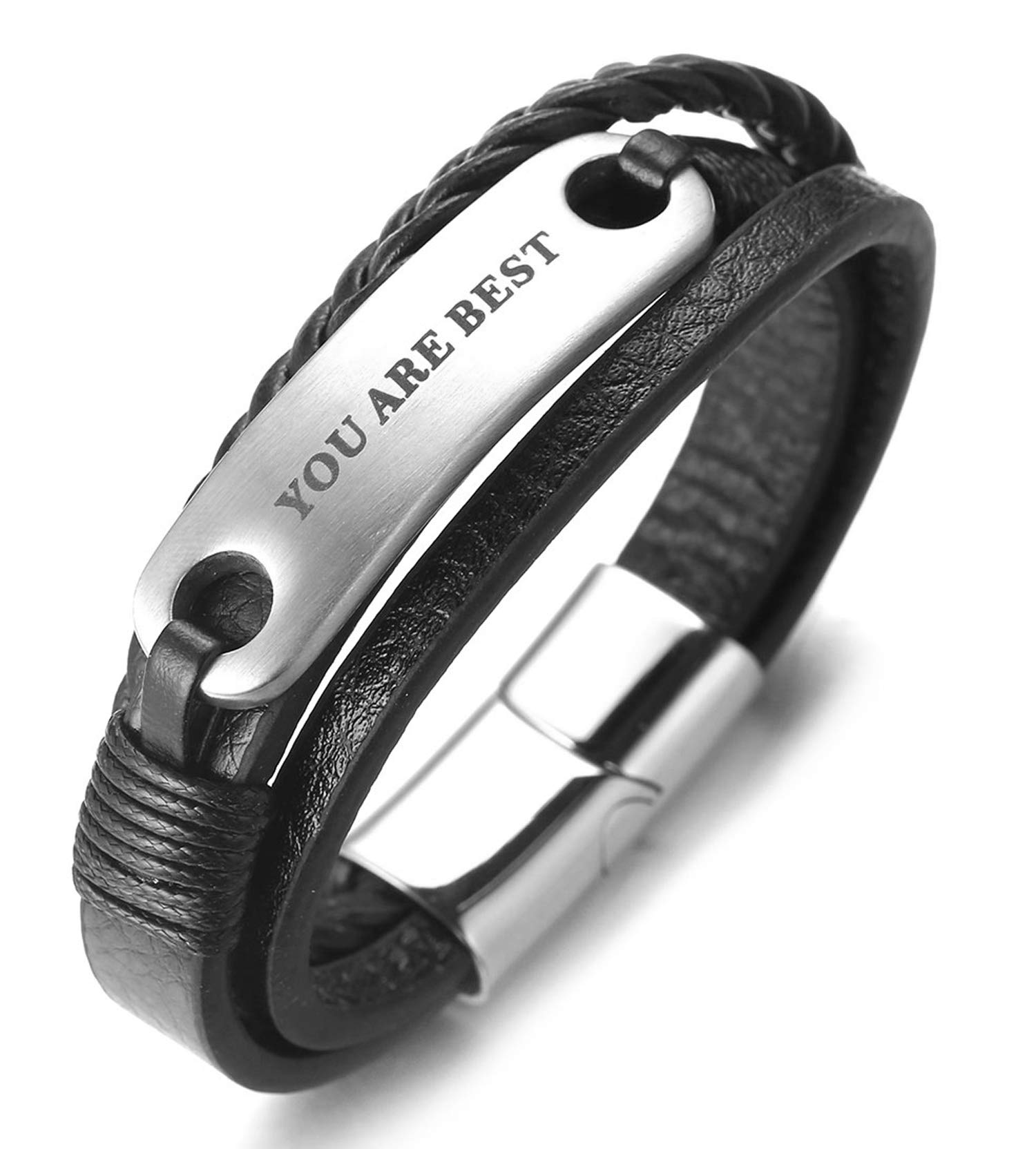 HALUKAKAH Kids ● You are Best ● Boy's Genuine Leather Bracelet 6-12 Y/O. with Titanium Magentic Clasp Silver 7"/18cm with Free Giftbox