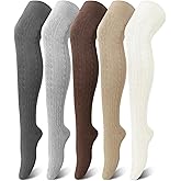 Jansun 5 Pairs Women Cotton Knit Boot Socks Thigh High Knee High Stockings Knit Long Over the Knee Socks Knee High Sock Leg Warmers Free Size Gifts