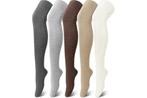 Jansun 5 Pairs Women Cotton Knit Boot Socks Thigh High Knee High Stockings Knit Long Over the Knee Socks Knee High Sock Leg Warmers Free Size Gifts