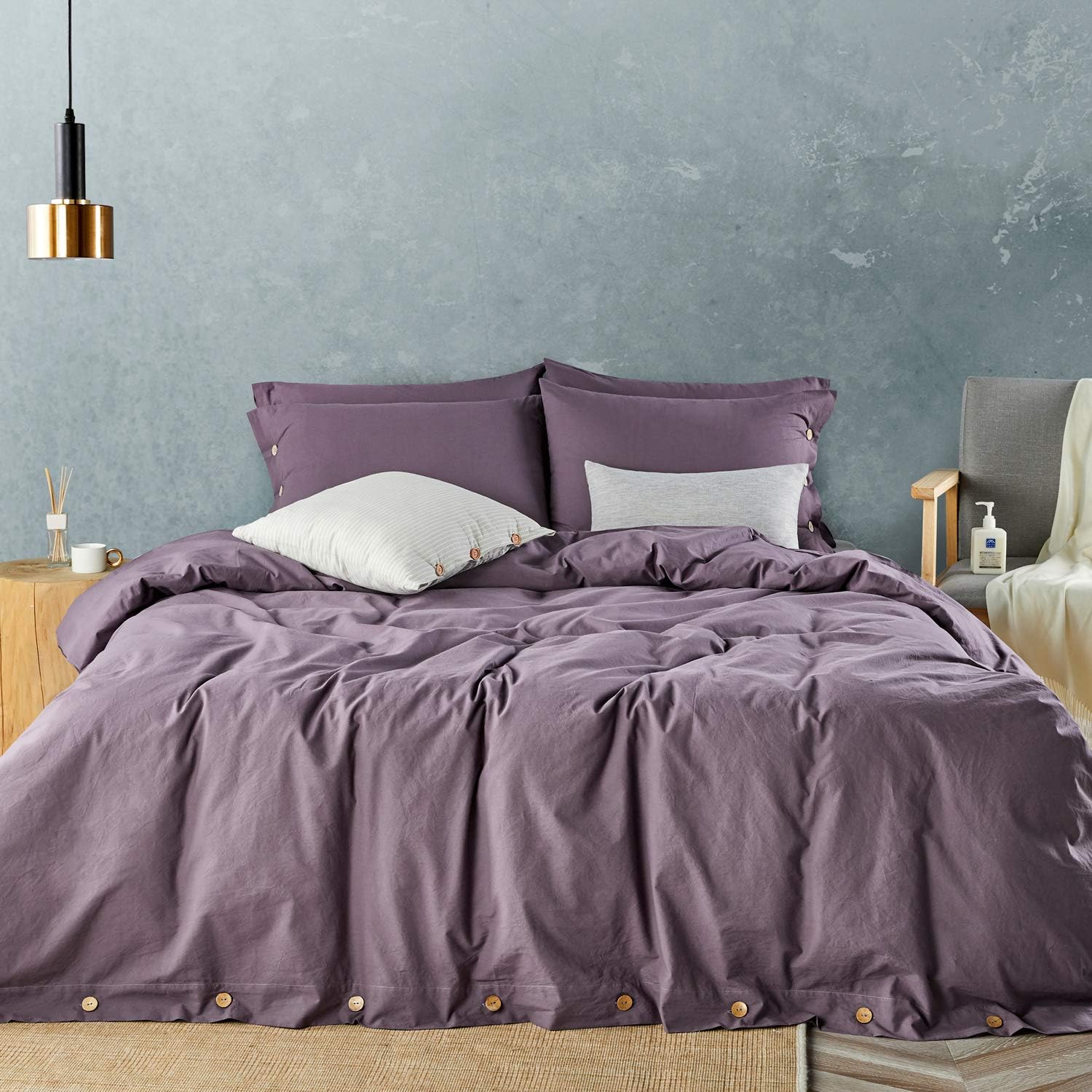 JELLYMONI Purple 100 Washed Cotton Duvet Cover Set, 3 Pieces Luxury Soft Bedding Set with