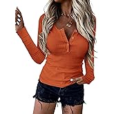BTFBM Women Long Sleeve Shirts Fall Tops V Neck Button Up Henley Shirts Slim Fit Ribbed Knit Spring Casual T-Shirts 2026