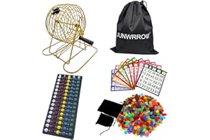 JUNWRROW Deluxe Bingo Game Set with Storage Bag- Includes 6-Inch Antique Gold Rotary Cage,75 Calling Balls,100 Mixed Cards,1000 Colorful Chips, Master Board&Carry Bag for Family Party,Large Groups