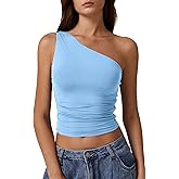 QINSEN Women's One Shoulder Tank Tops Double Lined Sleeveless Slim Fit Cropped Tee Shirt Y2k Tops