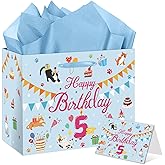 EIGHTSTATES Blue Cat Happy Birthday Gift Bags Themed Birthday Gift Wrapping Bag 5th Bday Gift Bag with Card Tissue Paper for Girls Baby Showers Five Year Old Bday Party Favor Supplies