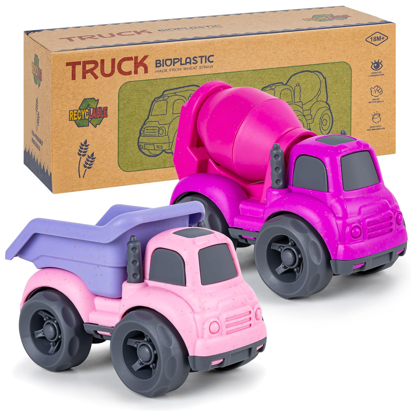 Cicili Toddler Car Toys Set - Dump Truck & Cement Mixer | BPA/Phthalate/PVC-Free, Recycled Plastic | 1 2 3 Year Old Boys Girls | Dishwasher Safe | Birthday, Christmas, Easter Gift | Pink