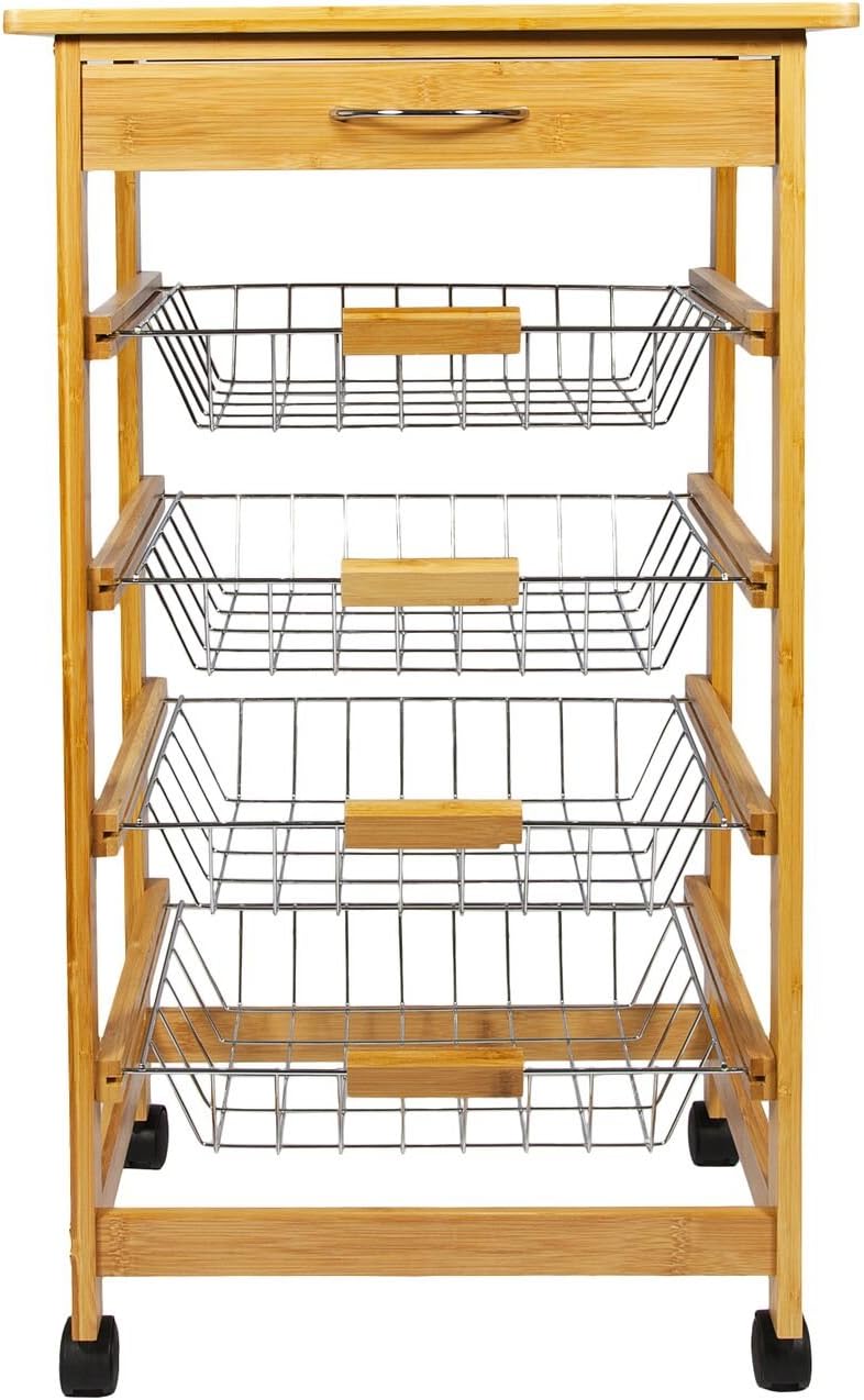 Woodluv Bamboo Kitchen Storage Trolley Cart with Drawer & Wire Storage