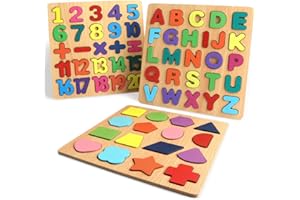 YOHELLY Wooden Puzzles for Toddlers, Wooden ABC Alphabet Letter Number Shape Puzzles Toddler Learning Puzzle Toys for Kids Boys Girls 2-4 Years Old, 3 in 1 Puzzles Educational Blocks Board Toys Ages 1-3