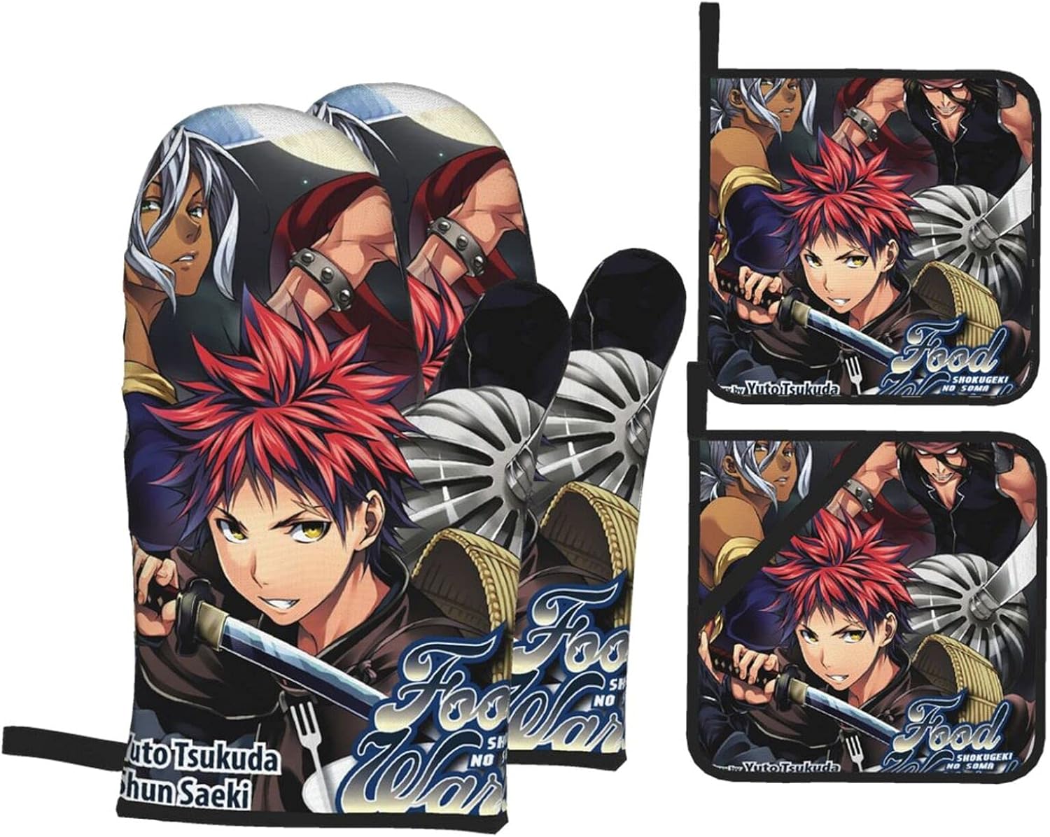 BattLeo Anime Food Wars Shokugeki No Soma Oven Mitts and Pot Holders Sets 4-Piece, Fireproof Non-Slip Surface Cooking Hanging Gloves, for Baking Grilling BBQ