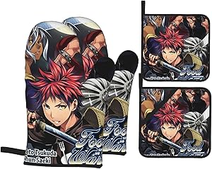 BattLeo Anime Food Wars Shokugeki No Soma Oven Mitts and Pot Holders Sets 4-Piece, Fireproof Non-Slip Surface Cooking Hanging Gloves, for Baking Grilling BBQ
