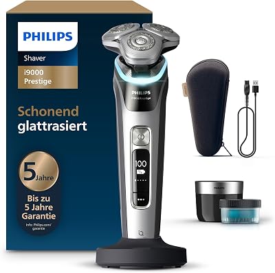 elektrischer Rasierer i9000 Prestige, Nass- und Trockenrasierer für Herren mit integriertem Trimmer, grau-silber, Drucksensor, Reinigungsstation, Ladestation und Reiseetui (XP9205/30)