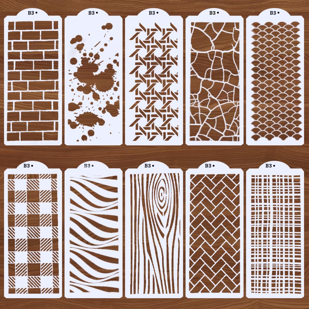GORGECRAFT 10Pcs Mixed Media Art Texture Stencils Plastic Reusable Brick Splash Stripe Template Abstract Layered Border Stencils for Painting on Wood Wall Furniture Cake Decorative 26.3x11.25cm