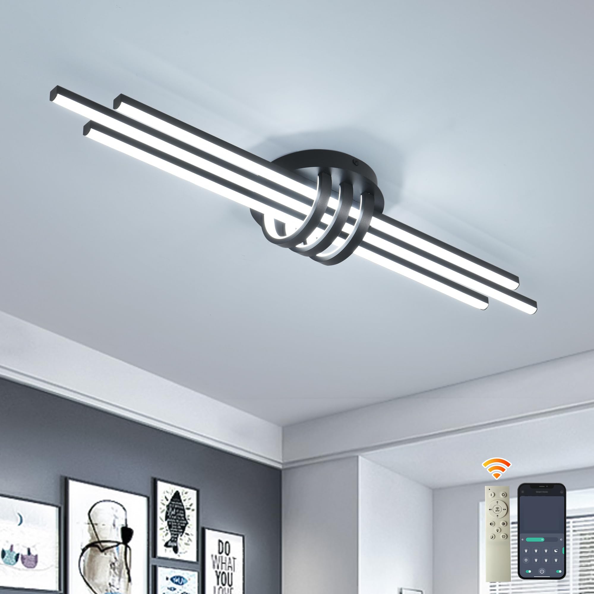 Photo 1 of Garwarm 31.49 Inch Modern LED Ceiling Light Fixture, 40W Black Flush Mount Ceiling Light with Remote, Industrial Linear Chandelier Low Profile Lamp for Dining Living Room Kitchen