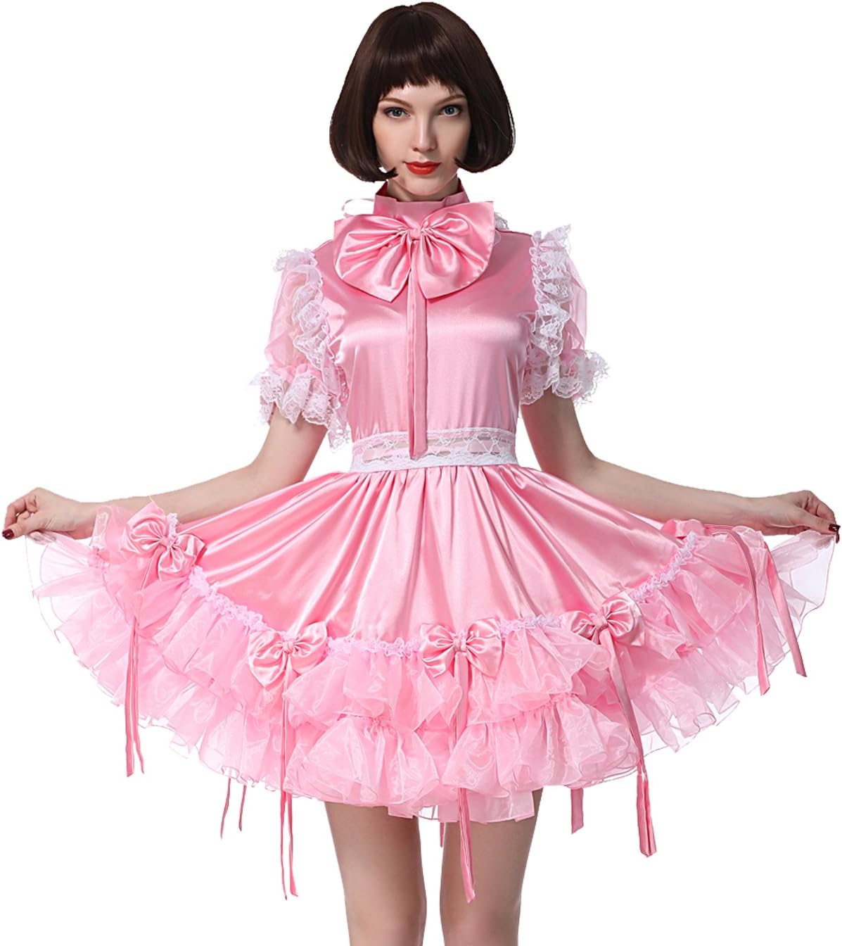GOceBabyWomen Sissy Bow Beauty Satin Pink Dress Crossdress Puff Ball Sleeves