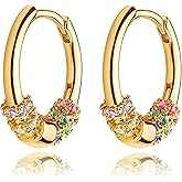 Dremmy Studios Dainty CZ Huggie Hoop Earrings 14K Gold Plated Chunky Simple Cute Thick Round Frill Bead Ball Starburst Cuff Earrings Cubic Zirconia Hoop Earrings Minimalist Personalized Gift for Her